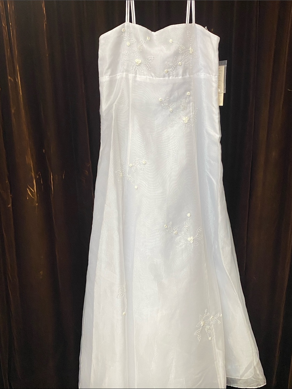 White Girls' Formal Spaghetti-Strap Dress with Subtle Embroidery